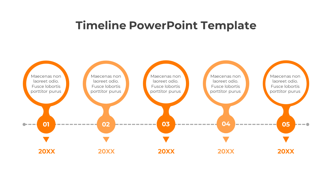 PowerPoint timeline template with five milestones, each marked with an orange circular icon and space for text.