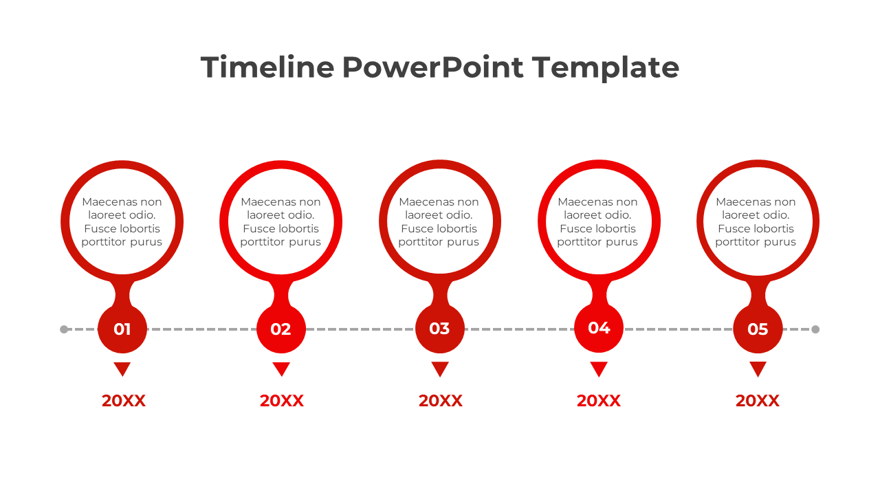 Horizontal timeline design with red circles, numbered 01 to 05, connected by a dashed line and triangular arrows.