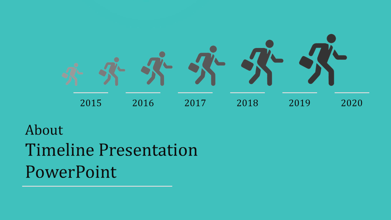 Timeline design with six running icons and year markers from 2015 to 2020 on a turquoise backdrop.