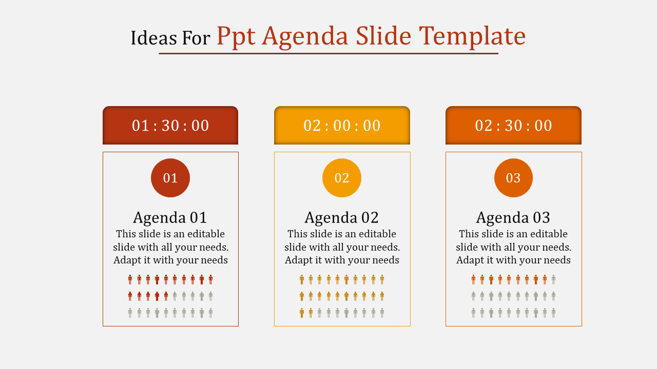 PPT agenda slide with three sections, each labeled with a time and agenda number with placeholder text.