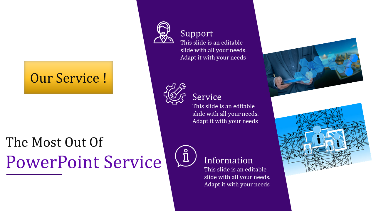 PowerPoint service slide showcasing three sections Support, Service, and Information with corresponding icons.