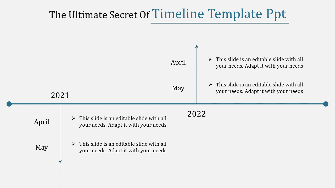 Timeline PPT template with entries for April and May 2021 and 2022 with placeholder text.