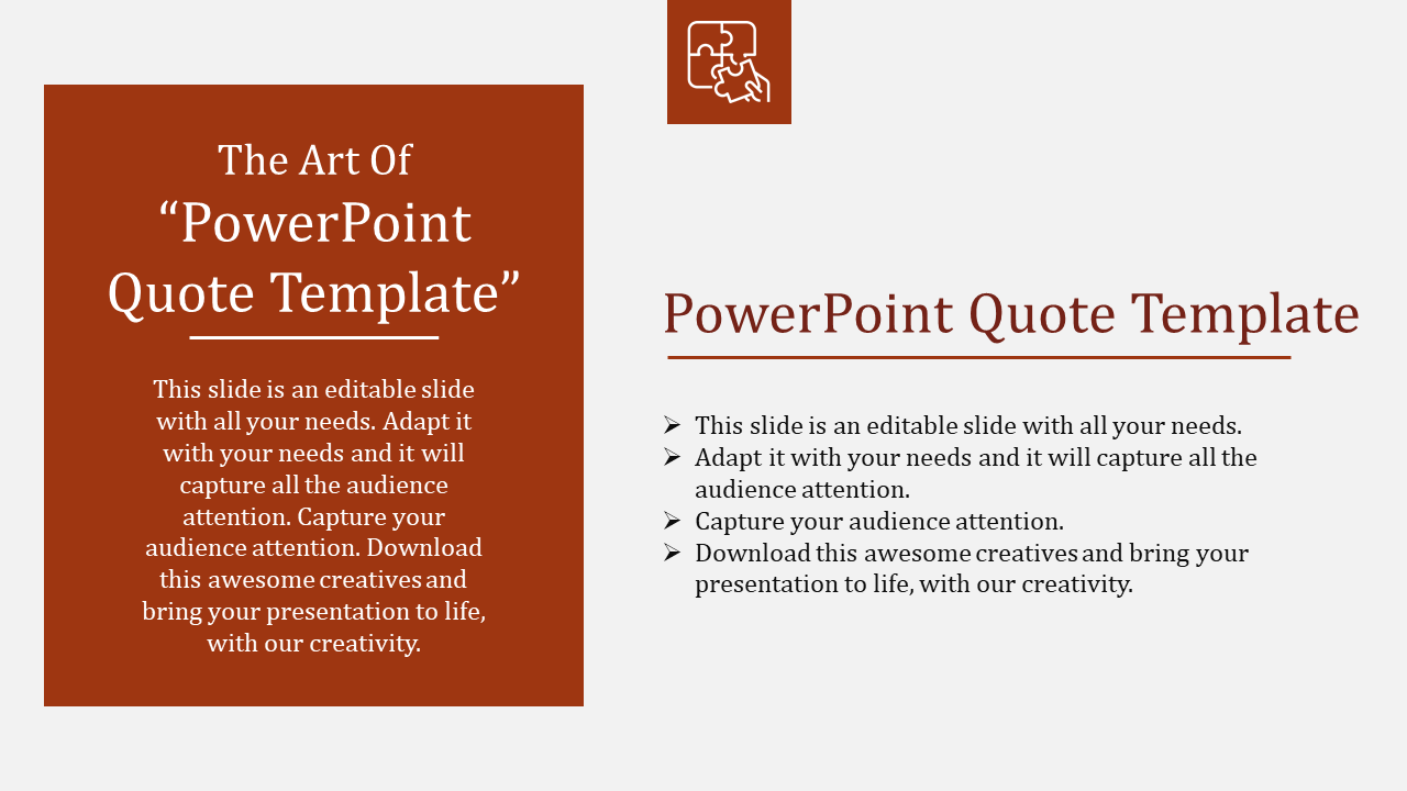Quote slide design with an orange text panel on the left and bullet points on the white background to the right.
