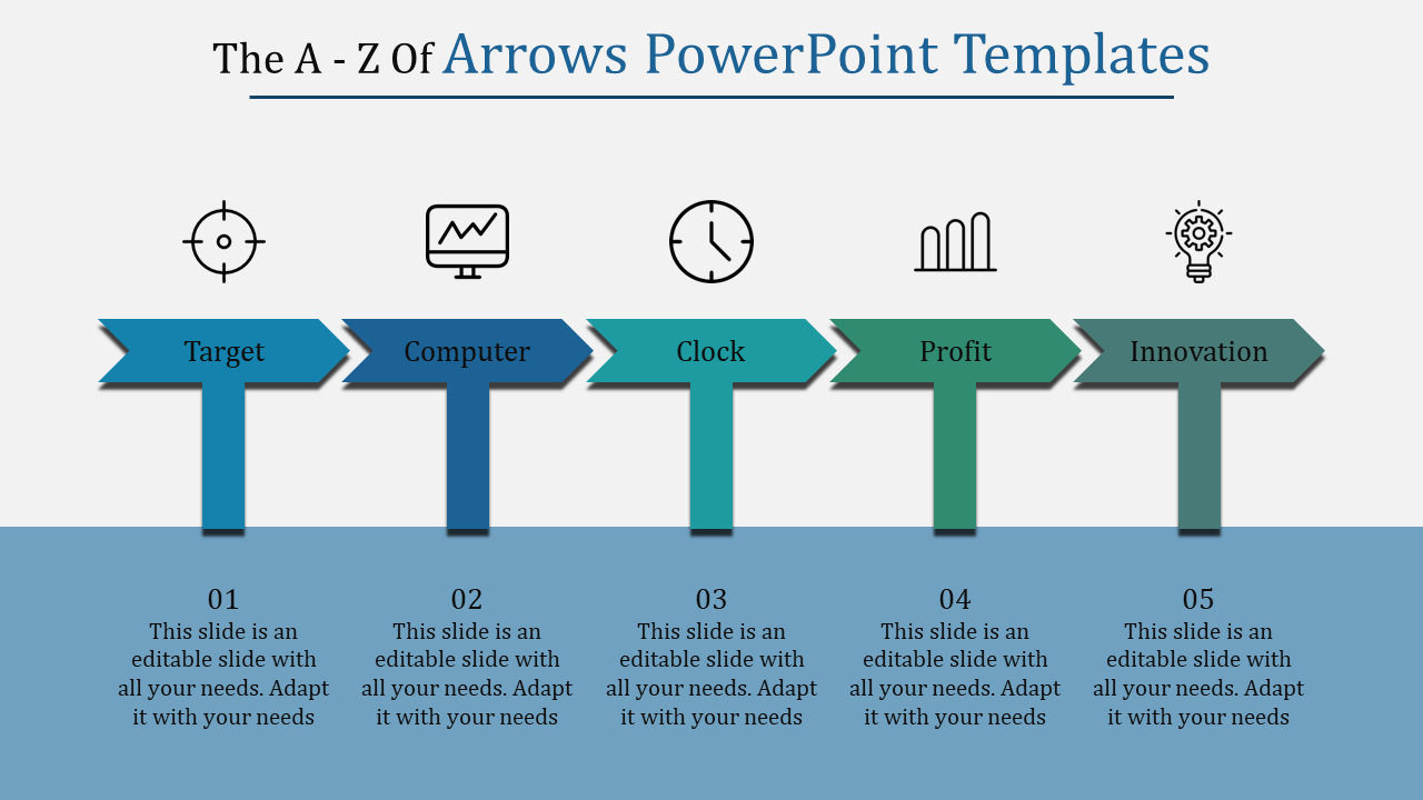 Infographic slide with five arrows representing key topics, accompanied by corresponding captions and simple line icons.