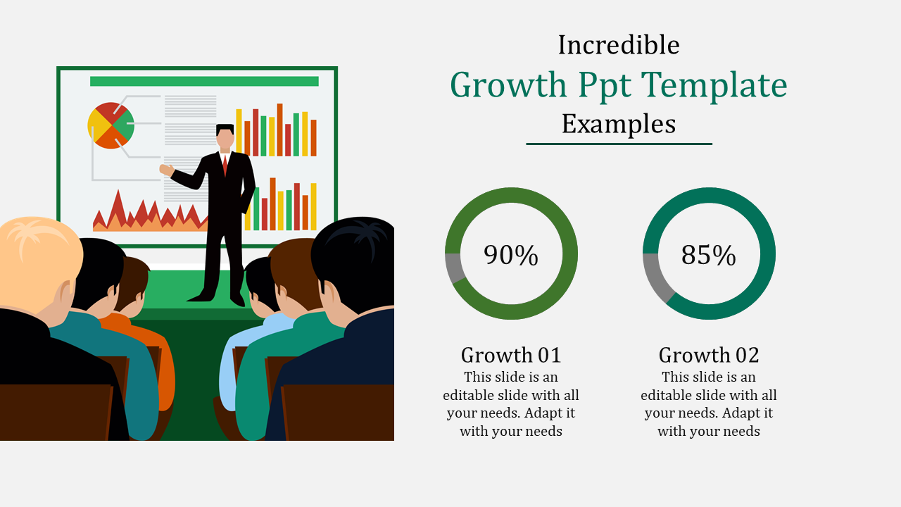 Growth presentation template showing a speaker presenting charts and growth percentages on a projector.