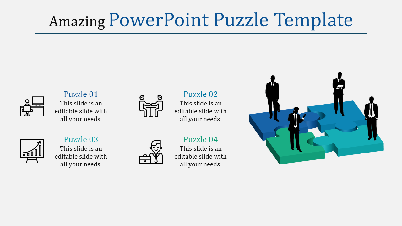 Puzzle themed slide featuring four labeled sections with icons and a 3D puzzle graphic with business silhouettes.