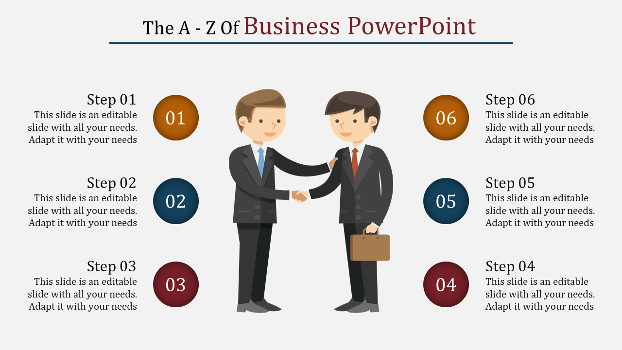 Slide design with cartoon businessmen shaking hands and six process steps represented in colorful circular icons.