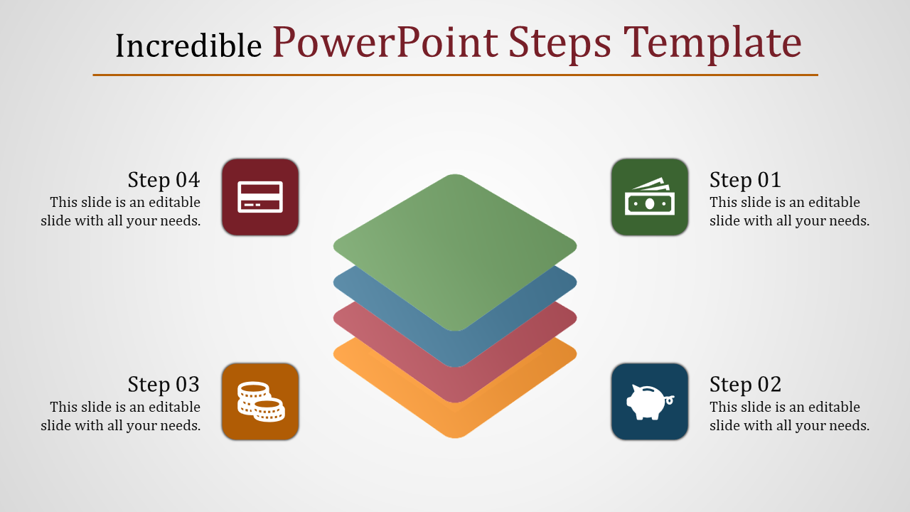 Colorful stack of square layers in the center with financial icons representing steps labeled step 01 through step 04.
