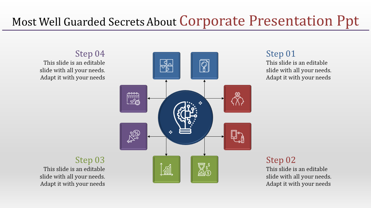 Central blue lightbulb surrounded by eight icons in purple, red, green, and blue squares, representing corporate steps.
