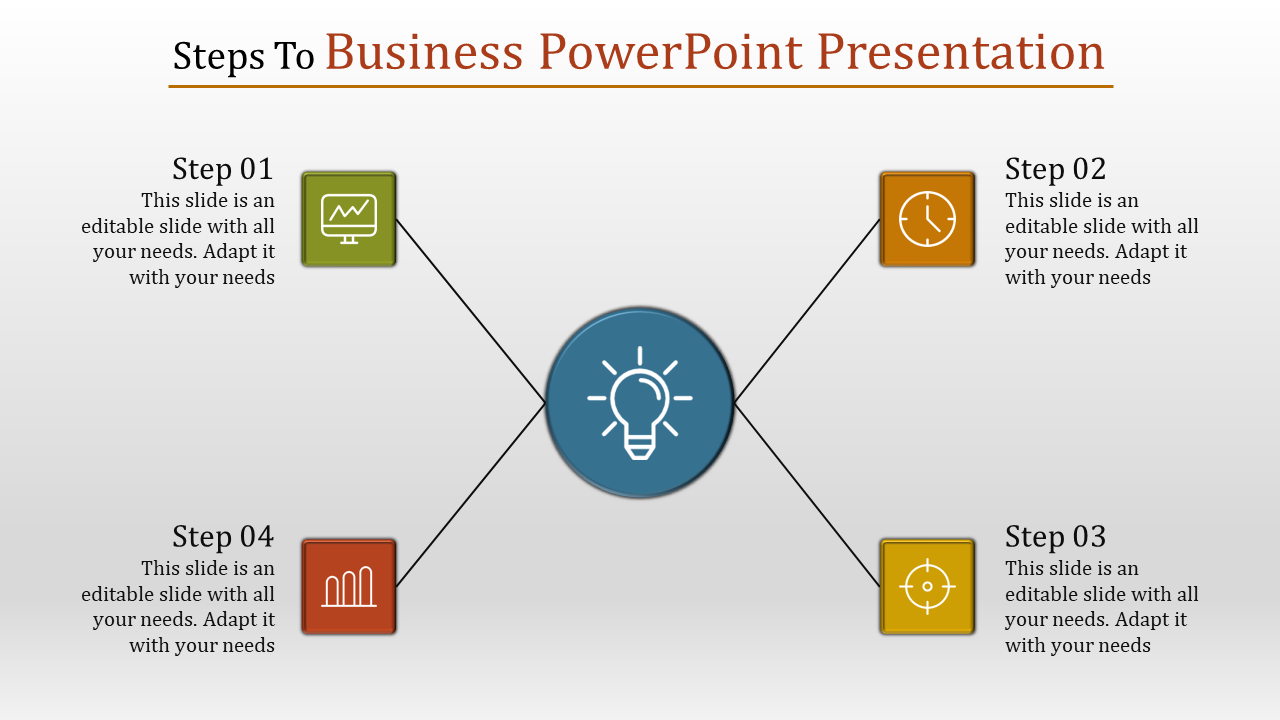Business PowerPoint slide with steps, featuring icons for analysis, lightbulb, time, and goal with placeholder text.