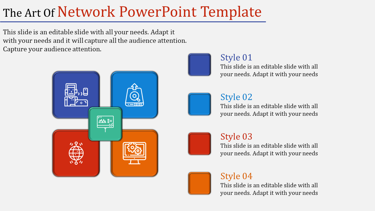 Network template with colorful icons in purple, blue, red, and orange squares, paired with style descriptions.