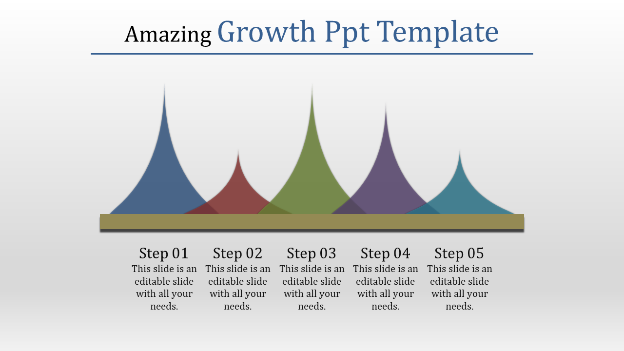 A colorful growth PowerPoint template featuring five steps, each with a distinct color and description.
