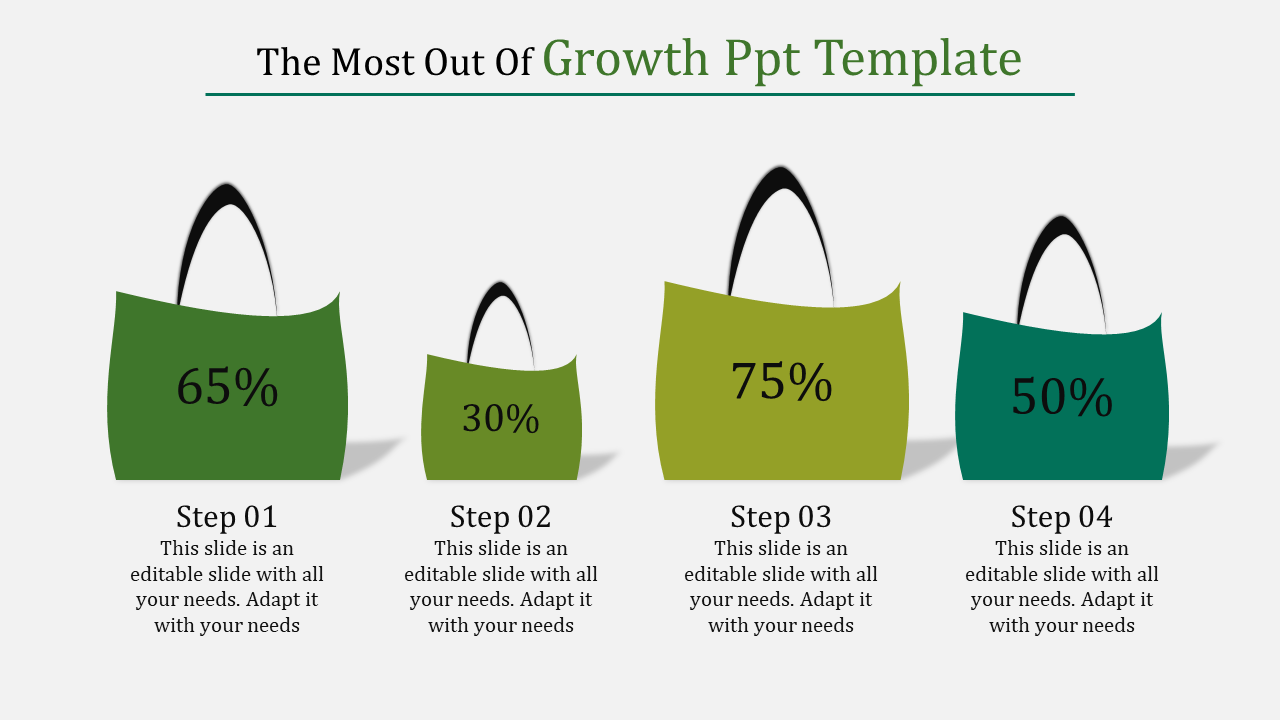 Growth infographic with four bag-shaped visuals representing different percentage values placed in a grey backdrop.