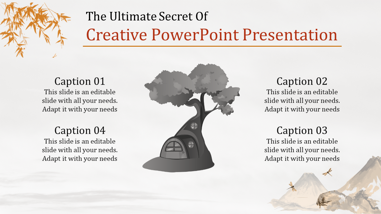 Creative PowerPoint slide featuring a treehouse illustration surrounded by captions and decorative nature elements.
