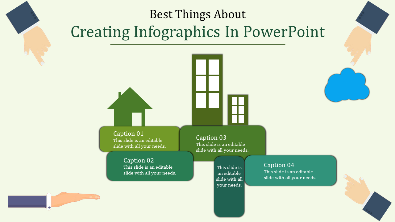 Slide with green blocks with captions, paired with a house and buildings icon, and hand illustrations pointing at elements.