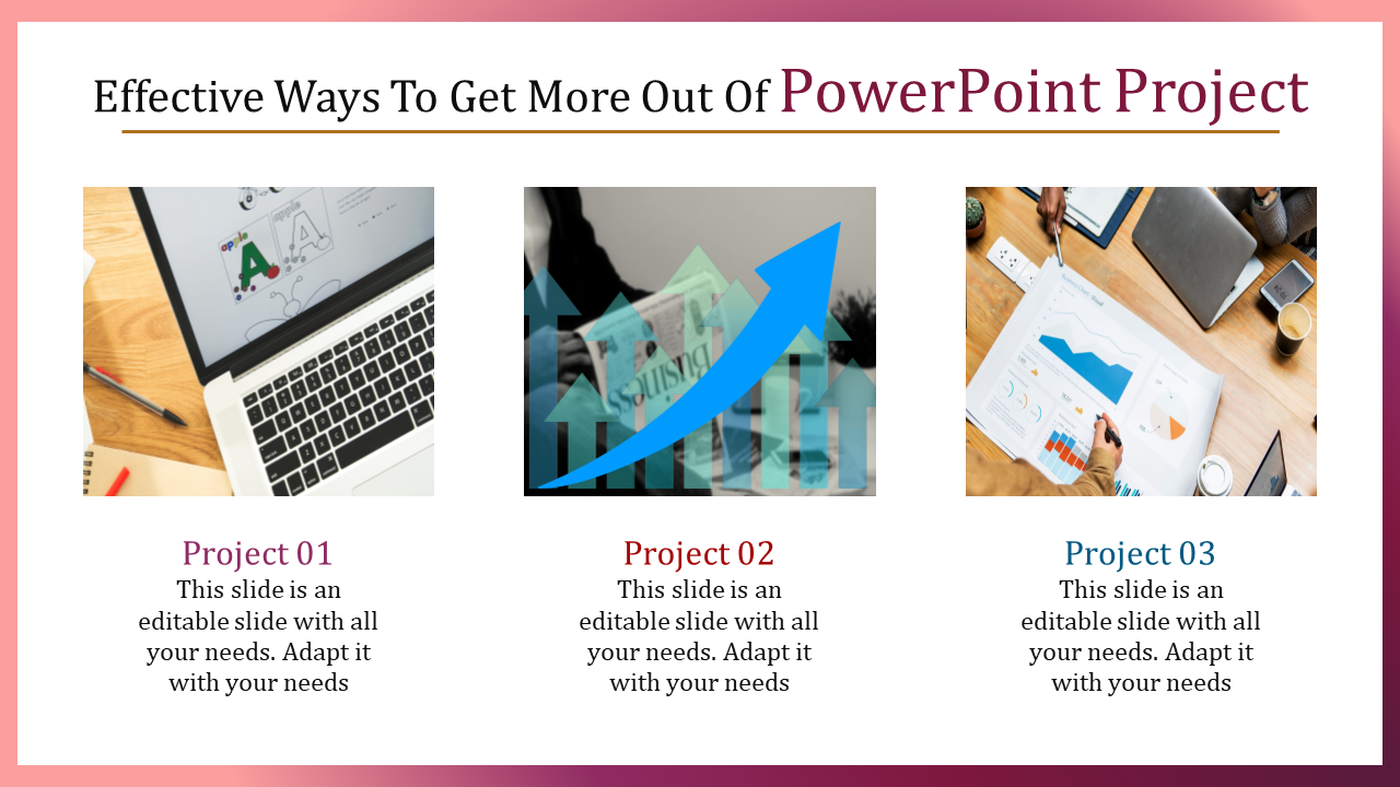 PowerPoint slide with three project sections featuring icons and images with placeholder text.