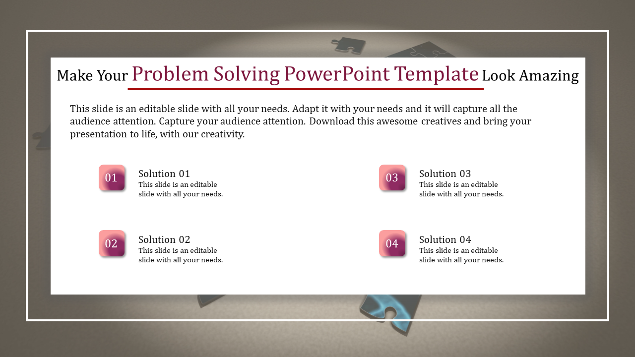 Four numbered solution boxes for problem solving with gradient designs arranged in two rows on a white background.