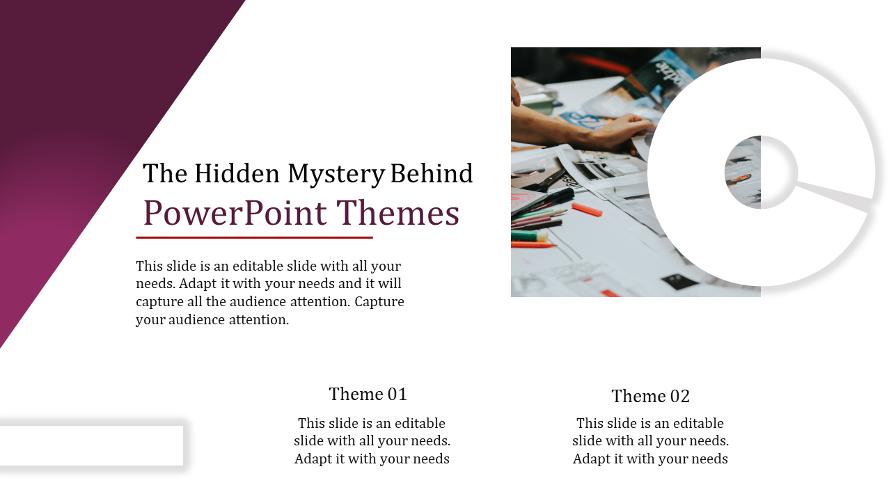 PPT themes slide with a partially visible pie chart and workspace background showing design tools like pens and papers.