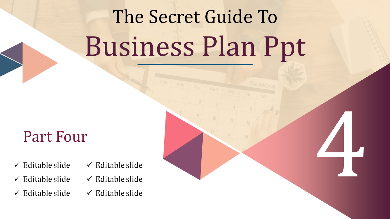 Business slide with triangular patterns in pink, biege, and purple, featuring text and a large number 4.
