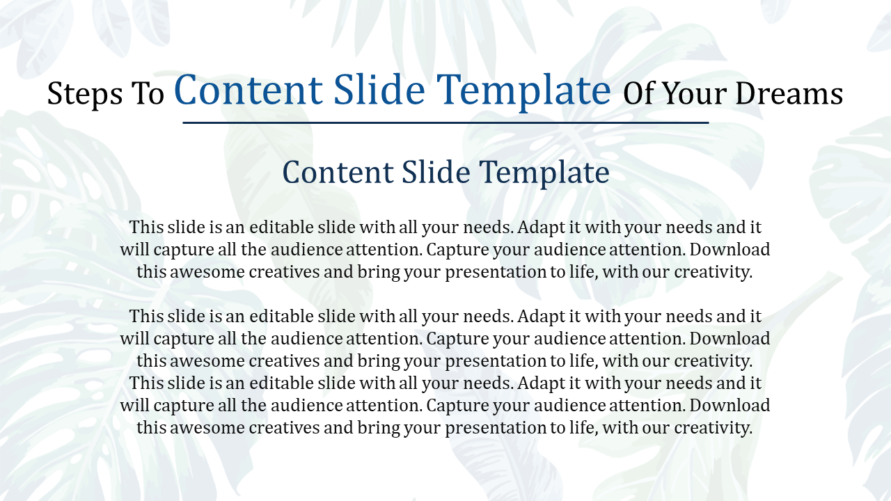 Content PPT slide with sections and tropical leaf background with placeholder text.