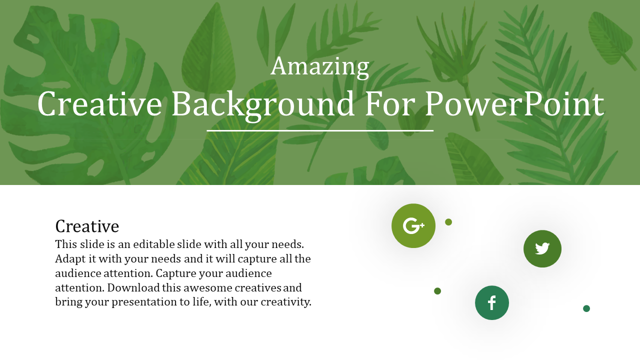 Creative nature background with green leaves and social media elements in the bottom right corner.