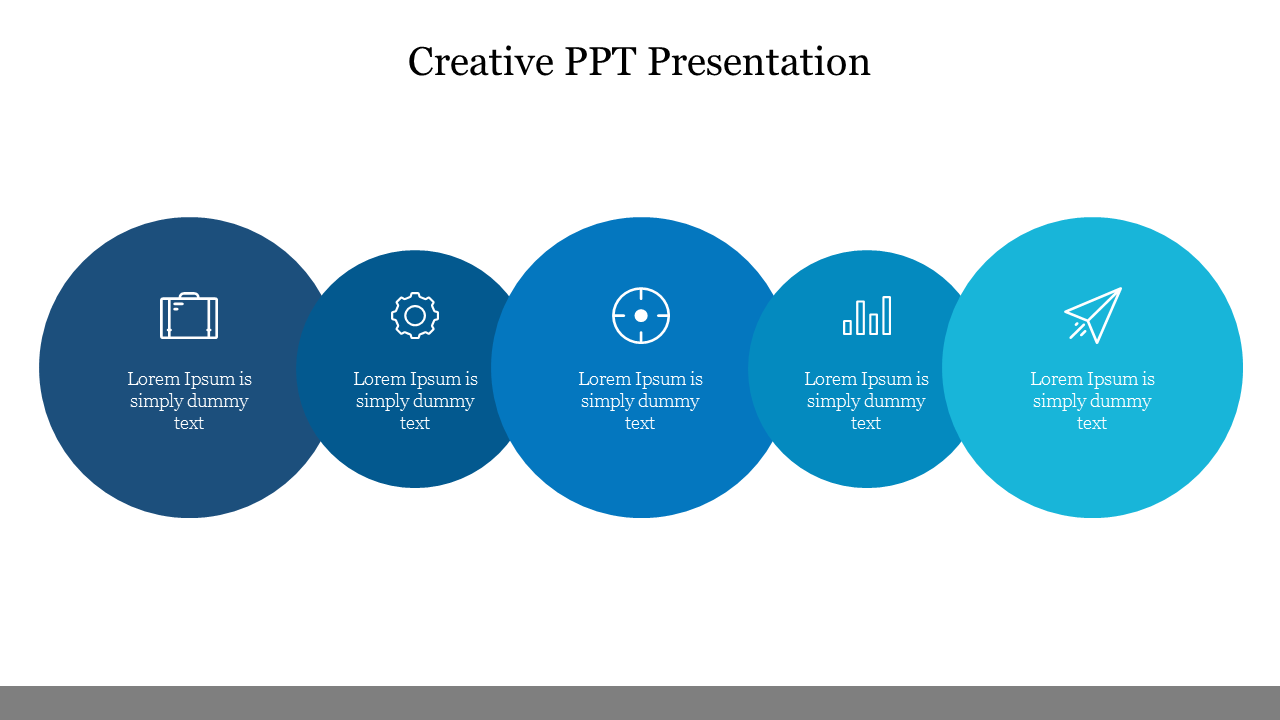 Creative presentation layout with five overlapping blue circles featuring icons and descriptive text inside each.