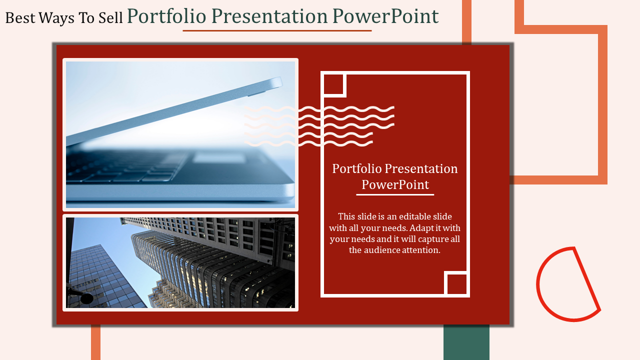 Portfolio slide with two images of a laptop and skyscrapers, framed on a red background with placeholder text areas.