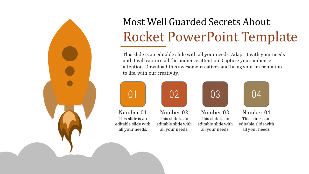 Rocket PowerPoint template with numbered sections with placeholder text.
