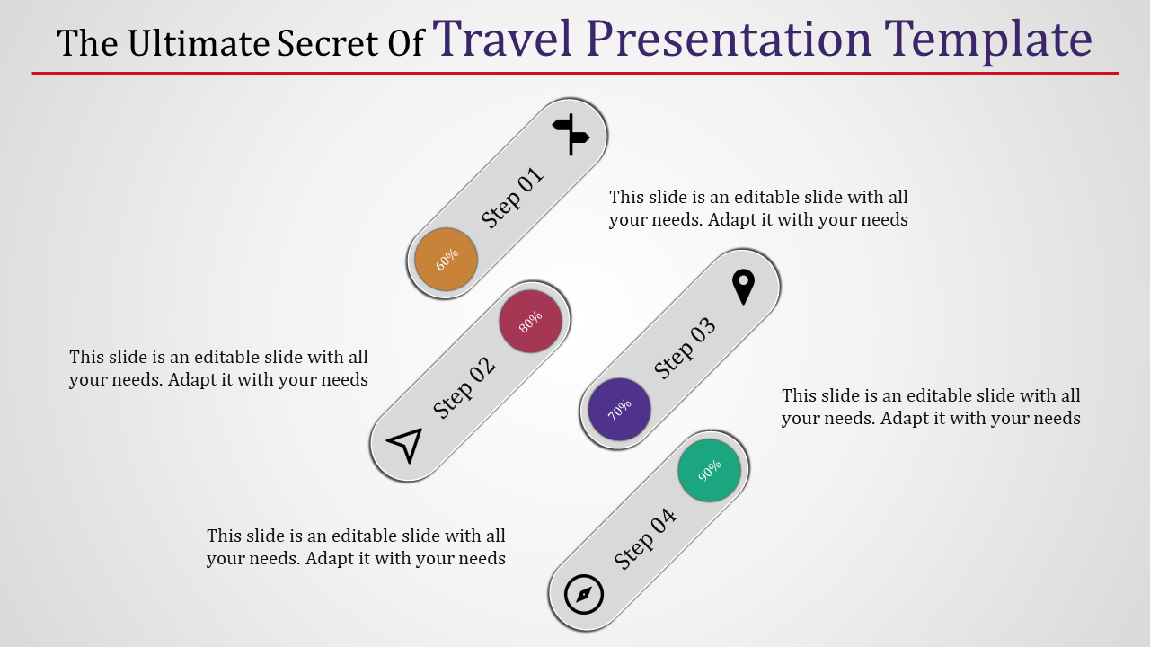 Travel presentation template with four steps represented by icons and progress indicators with placeholder text.