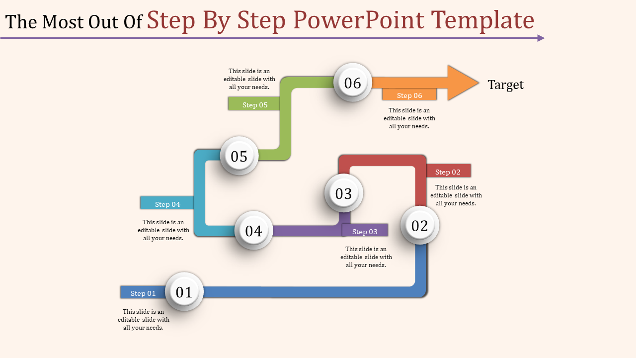 Step by step process PowerPoint slide with colored arrows and numbered steps with placeholder text.