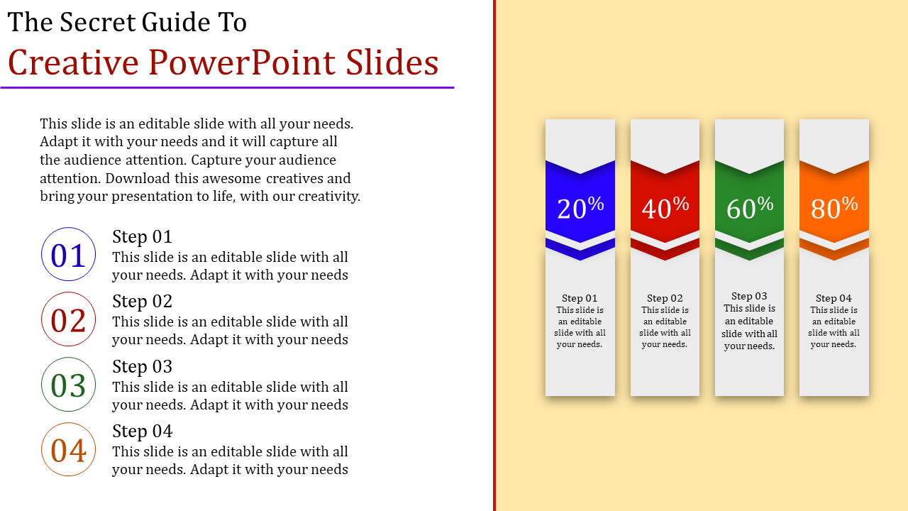 Creative infographic with four percentage bars in varying colors and steps labeled from four steps on yellow background.