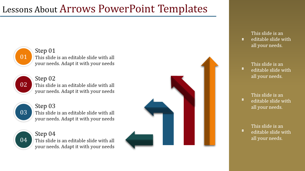 Arrow themed layout with colored steps on the left and aligned vertical arrows symbolizing direction and growth.