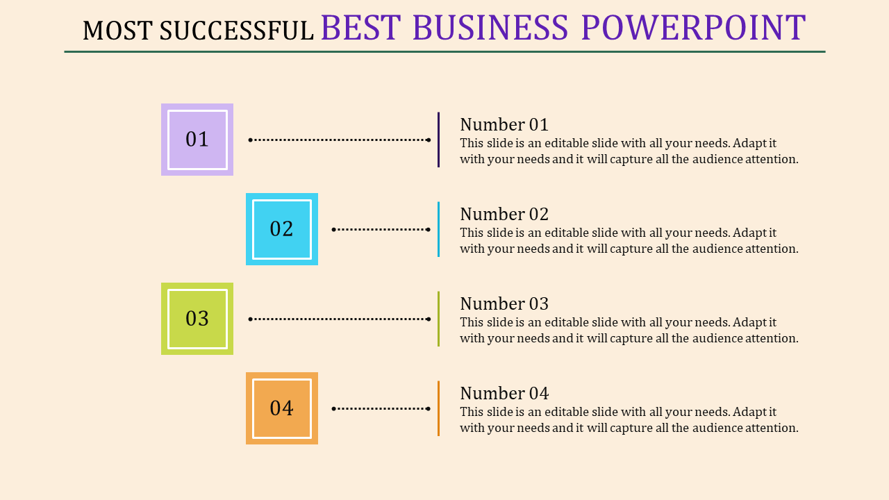 Infographic with four numbered colored squares in purple, blue, green, and orange, linked to text, on a beige background.