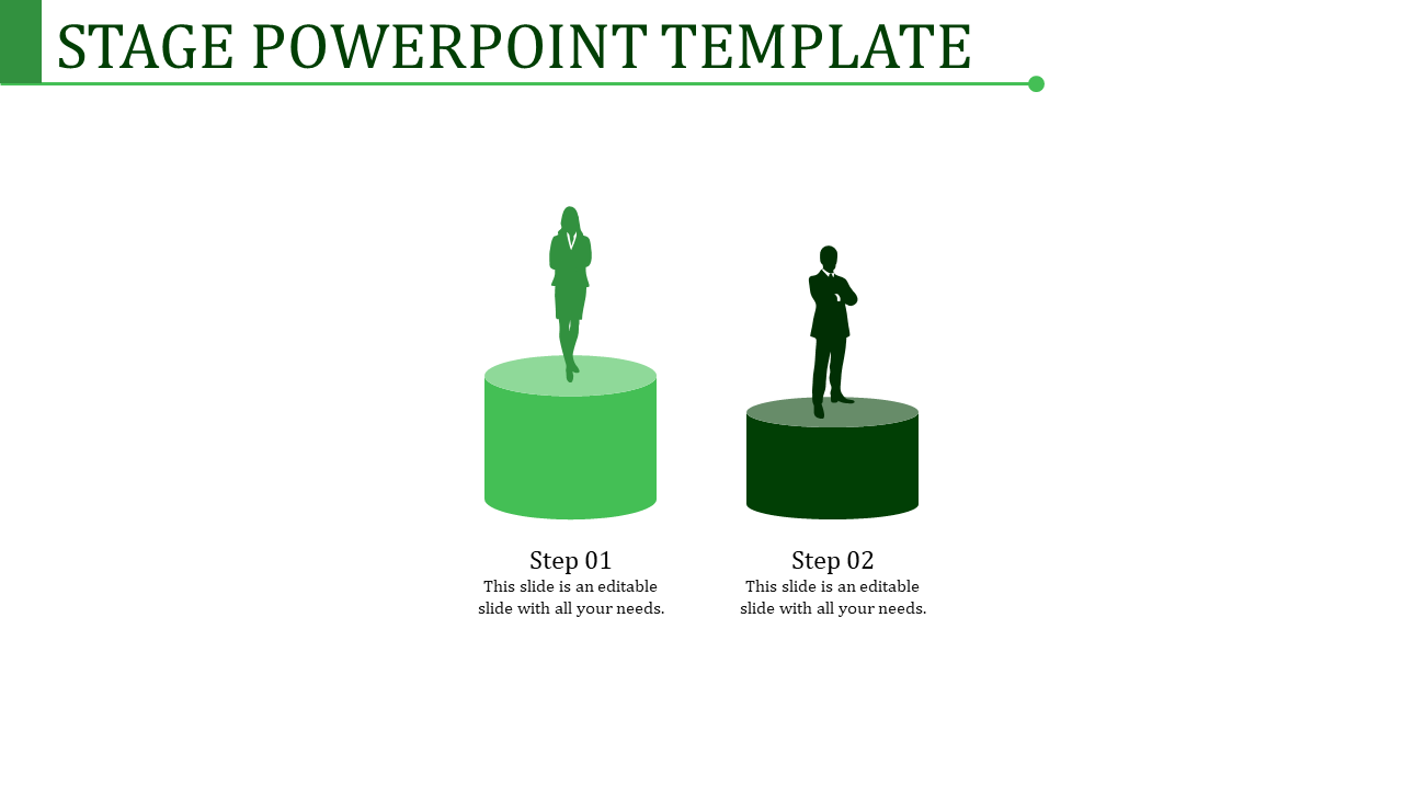 Stage infographic with two purple-toned podiums, light and dark, displaying businessperson silhouettes for steps.