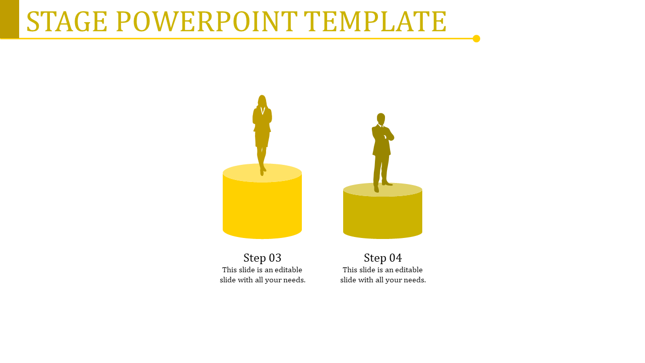Stage PowerPoint template with two figures on colorful podiums, highlighting steps in a business process.
