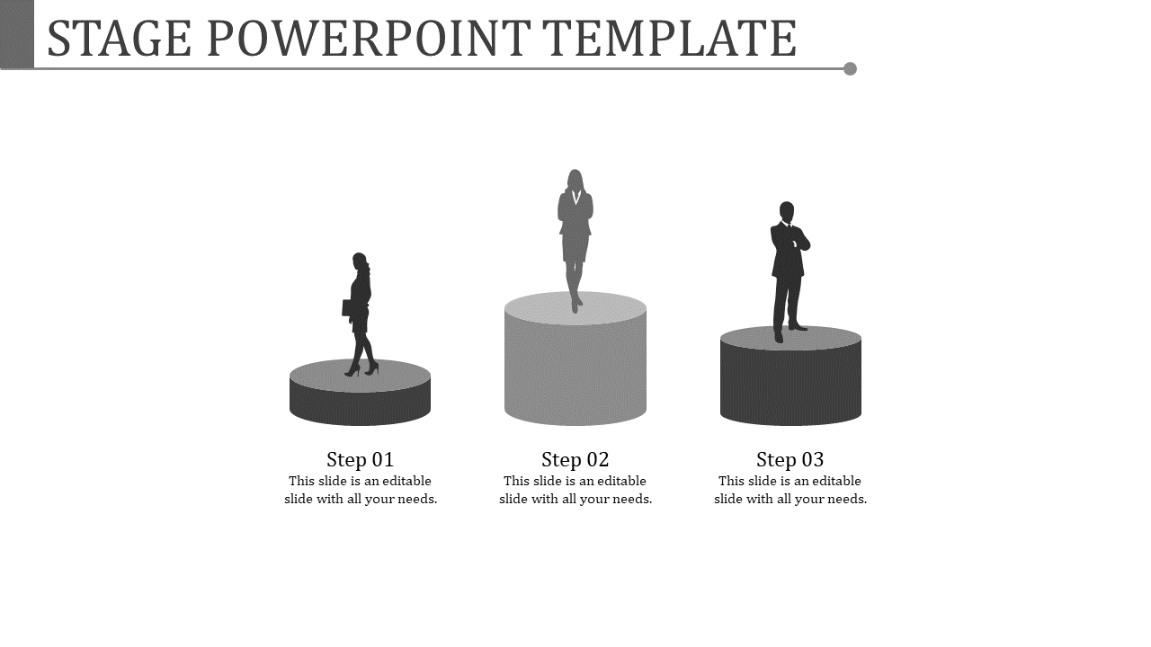 Black and white stage PowerPoint template with three steps representing progress with placeholder text.