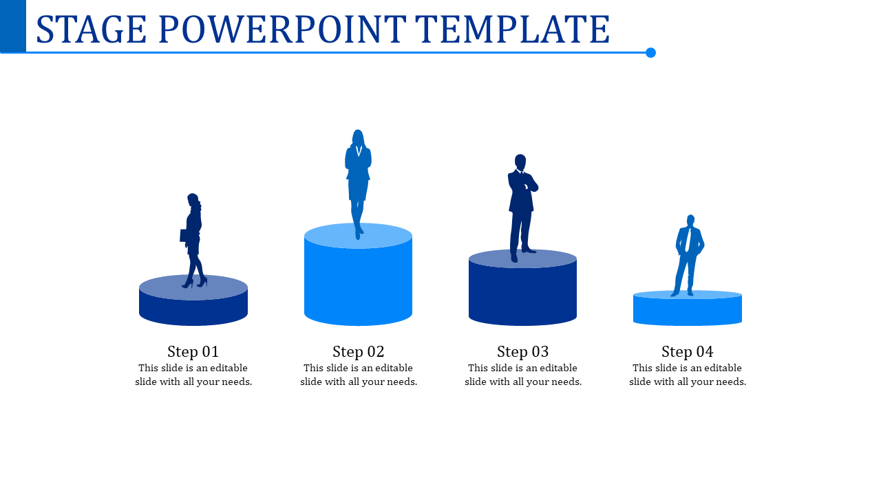Blue themed stage template with four steps and silhouettes representing progression in a business process.