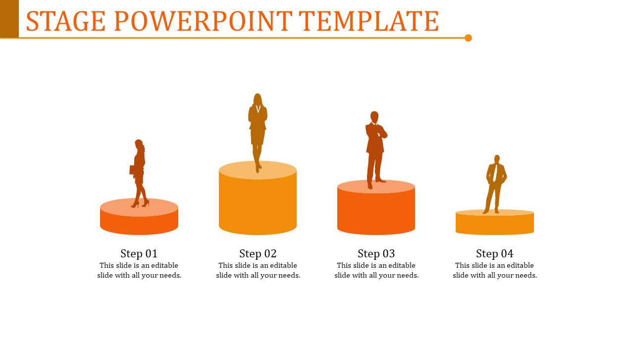 PowerPoint template with four steps, each featuring a person icon in an orange color theme, representing progress.