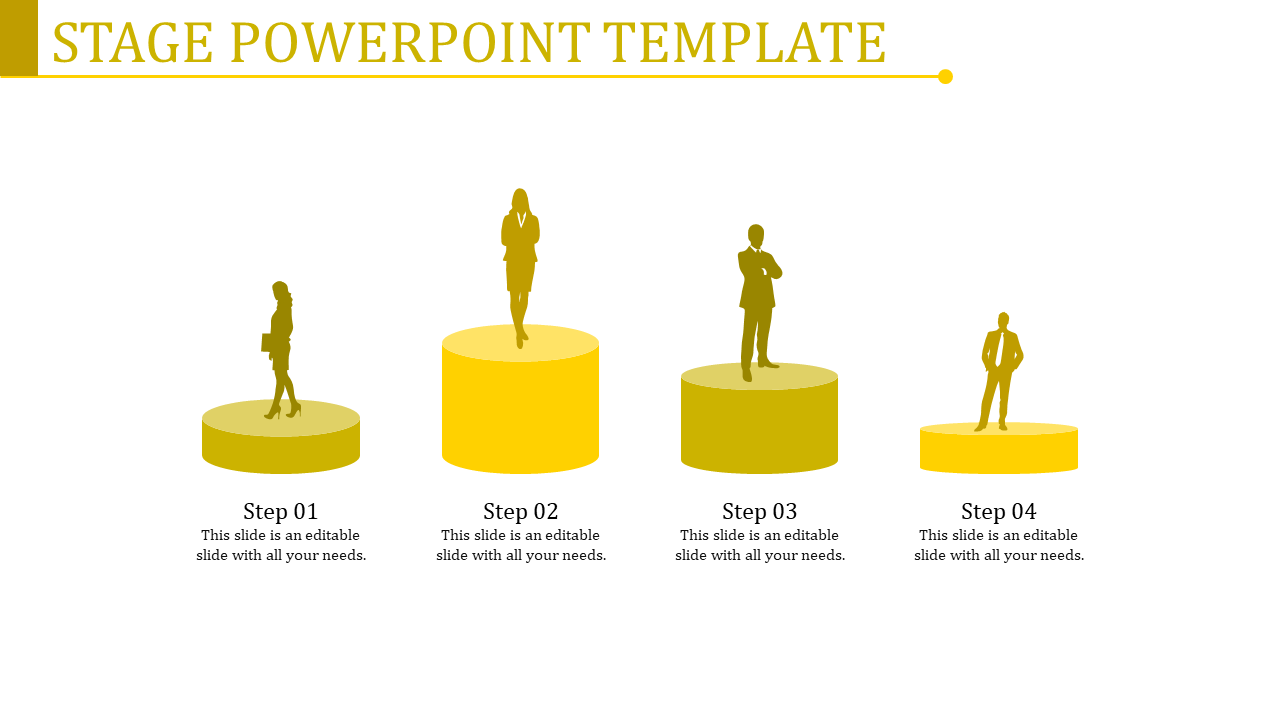 Slide with four yellow podiums of varying heights, each featuring silhouettes of professionals representing steps.