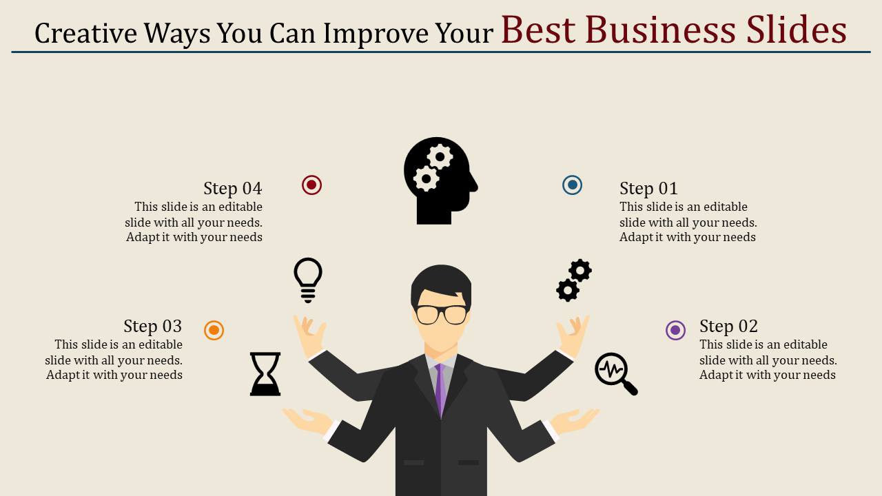 Business slide featuring a man with multiple arms, each holding an icon for steps, including light bulb, gears, and hourglass.