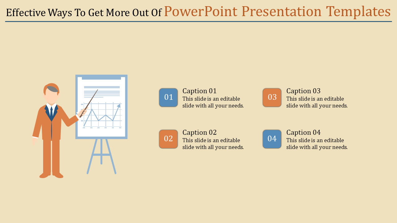 Illustration of a man pointing at a chart on an easel with four text boxes in two rows on a light beige background.