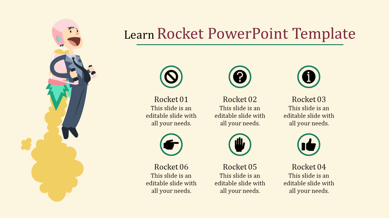 Illustration of a person on a rocket with six icons and text arranged in two rows, on a light beige background.