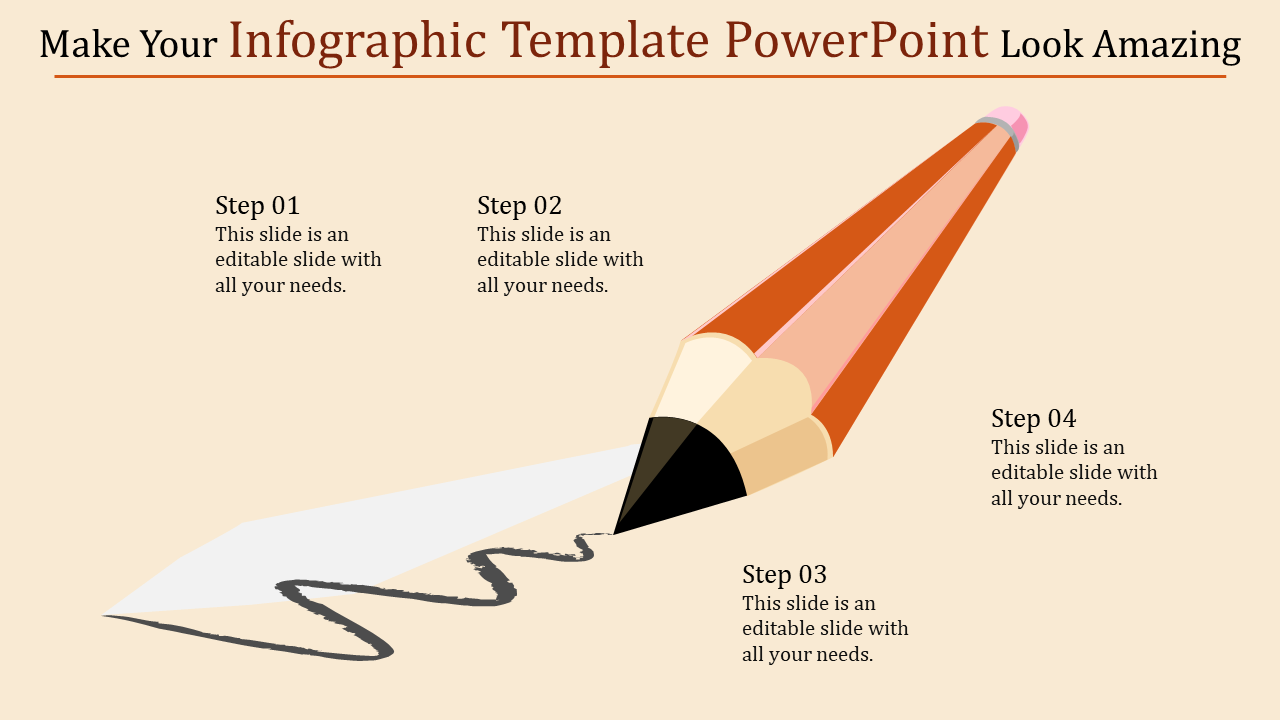Infographic PowerPoint template with a pencil illustration and four numbered steps with placeholder text.