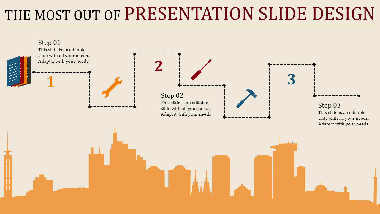 PowerPoint slide design featuring a city skyline and three steps with corresponding icons and numbered labels.