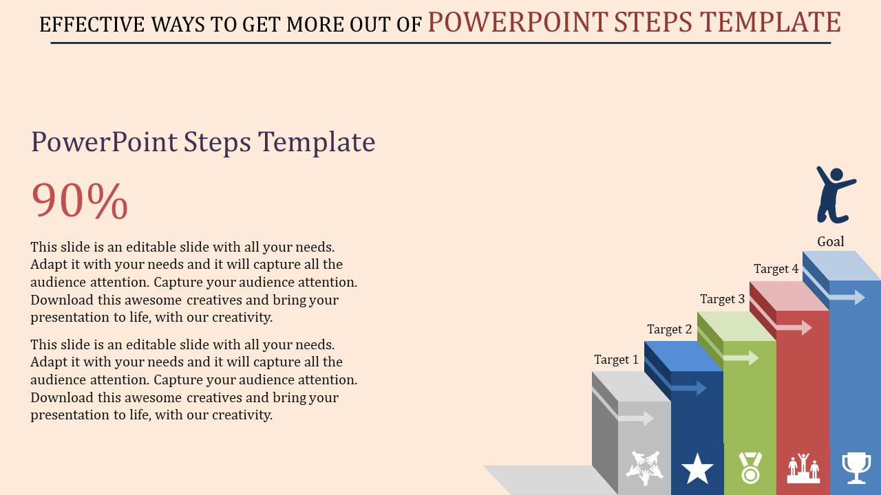Creative slide illustrating steps with targets and goals, featuring icons representing achievements with placeholder text.