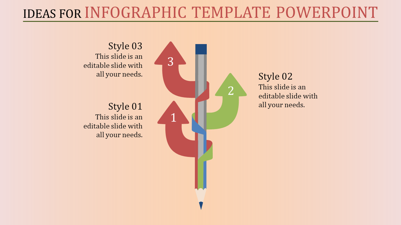 A PowerPoint infographic template with three styles labeled 1, 2, and 3, featuring a pencil and directional arrows.
