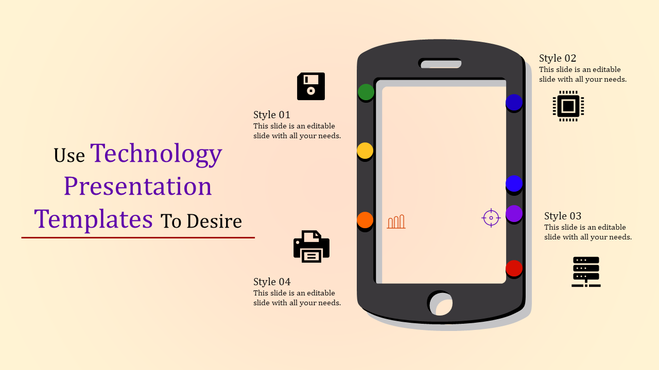 Technology slide with a smartphone illustration, featuring colorful dot markers, and four captions on both sides.