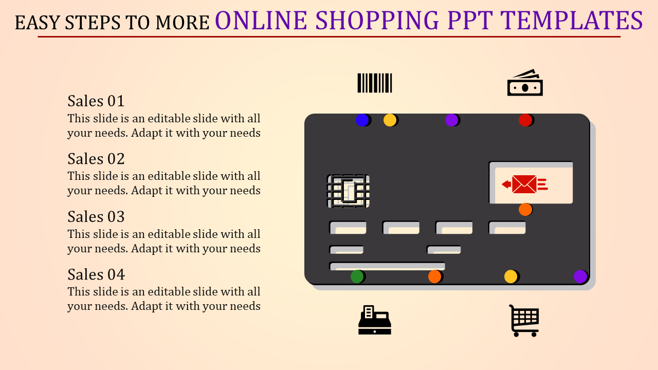 PowerPoint slide featuring a black credit card with online shopping related icons with placeholder text.