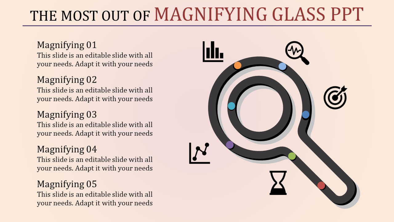 PowerPoint template featuring a magnifying glass with colorful icons representing analysis, statistics, and time management.