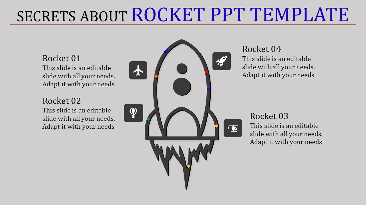 Rocket PPT slide with numbered rockets 01, 02, 03, and 04, and corresponding icons like airplanes and rockets.